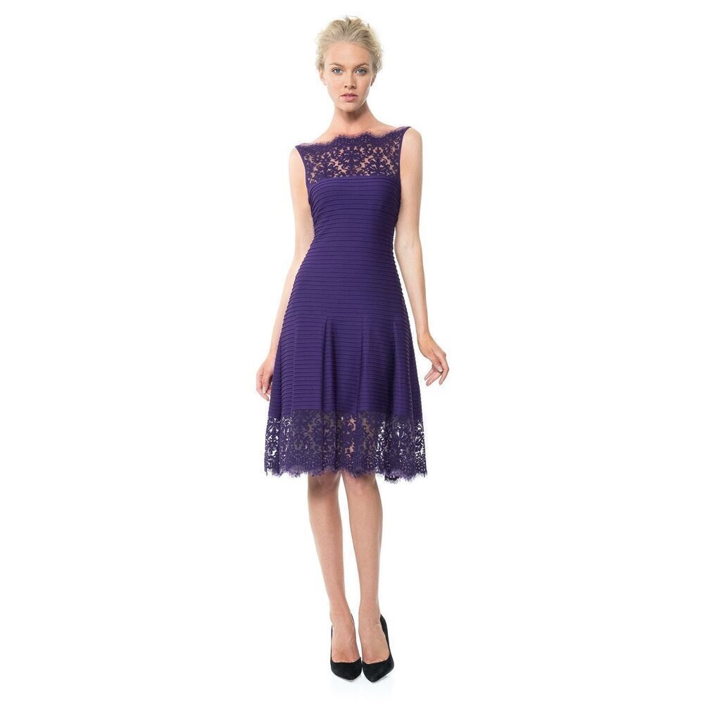 Tadashi Shoji Pintuck Lace Dress Purple Amethyst Stretch Size XL Black Tie Party